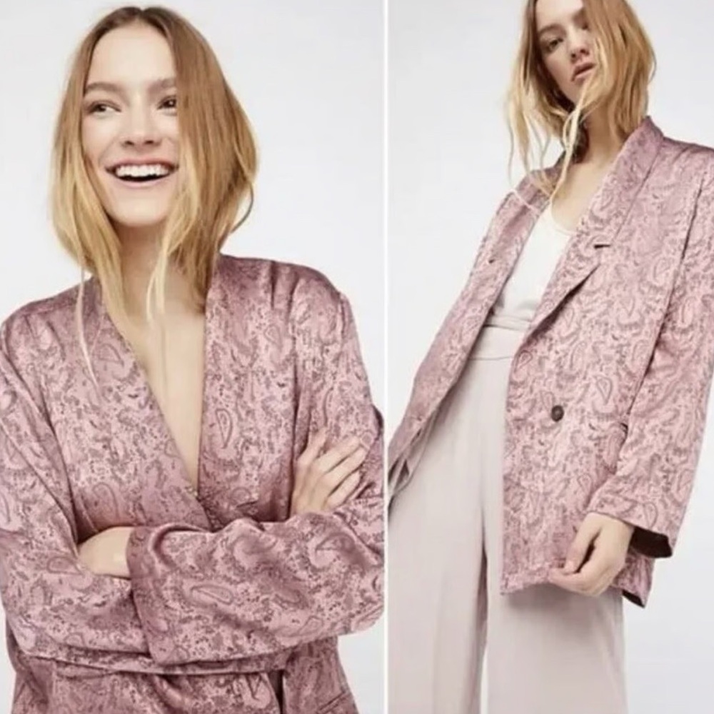 FREE PEOPLE Unique Silky Satin Jacquard Paisley Blazer Jacket